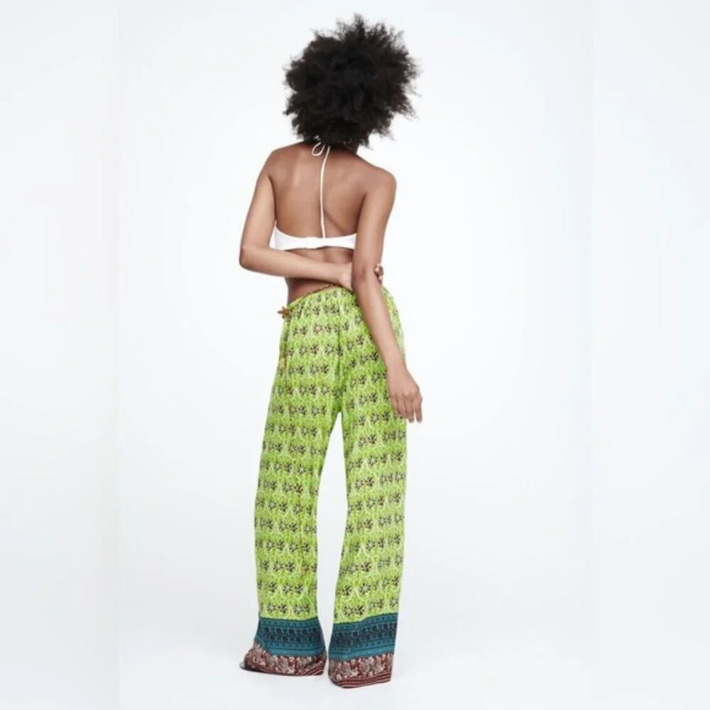 NWOT ZARA Full-Length Printed Trousers Flowy Wide Leg 100% VISCOSE 7484/159 Sz L